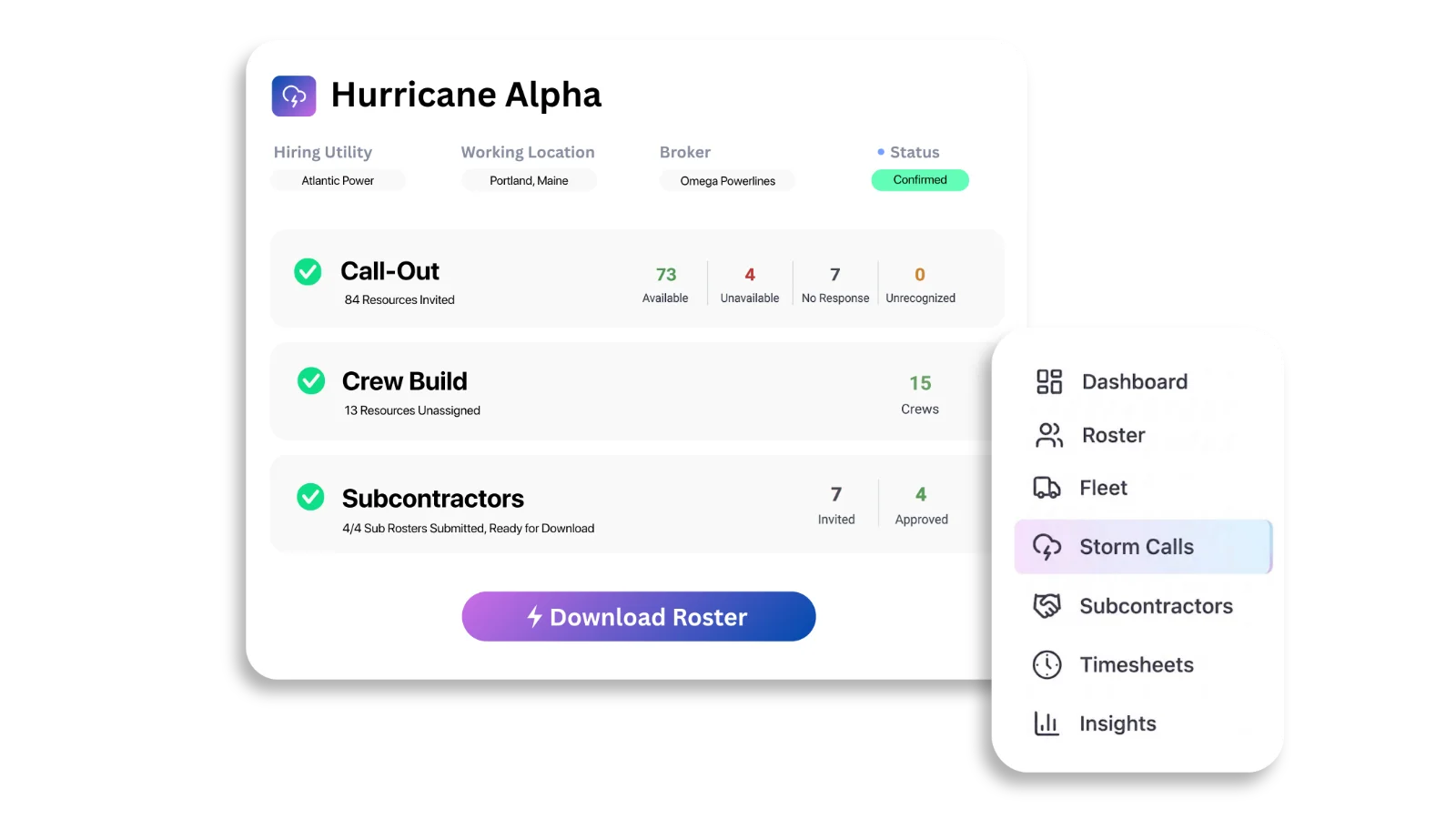 Hurricane Alpha storm call setup with call-out, crew build and subcontractor steps